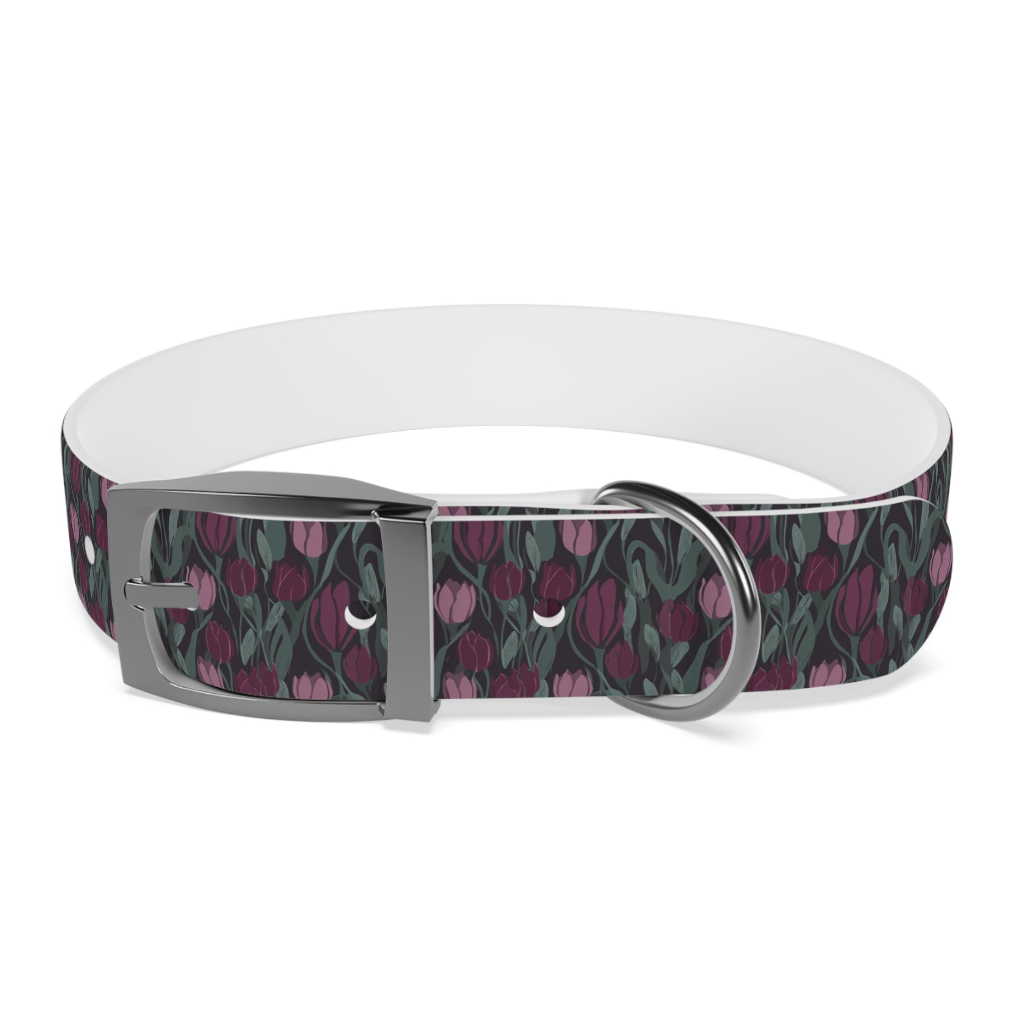 Tulip Pattern Dog Collar — Floral Purple & Green Adjustable Pet Collar