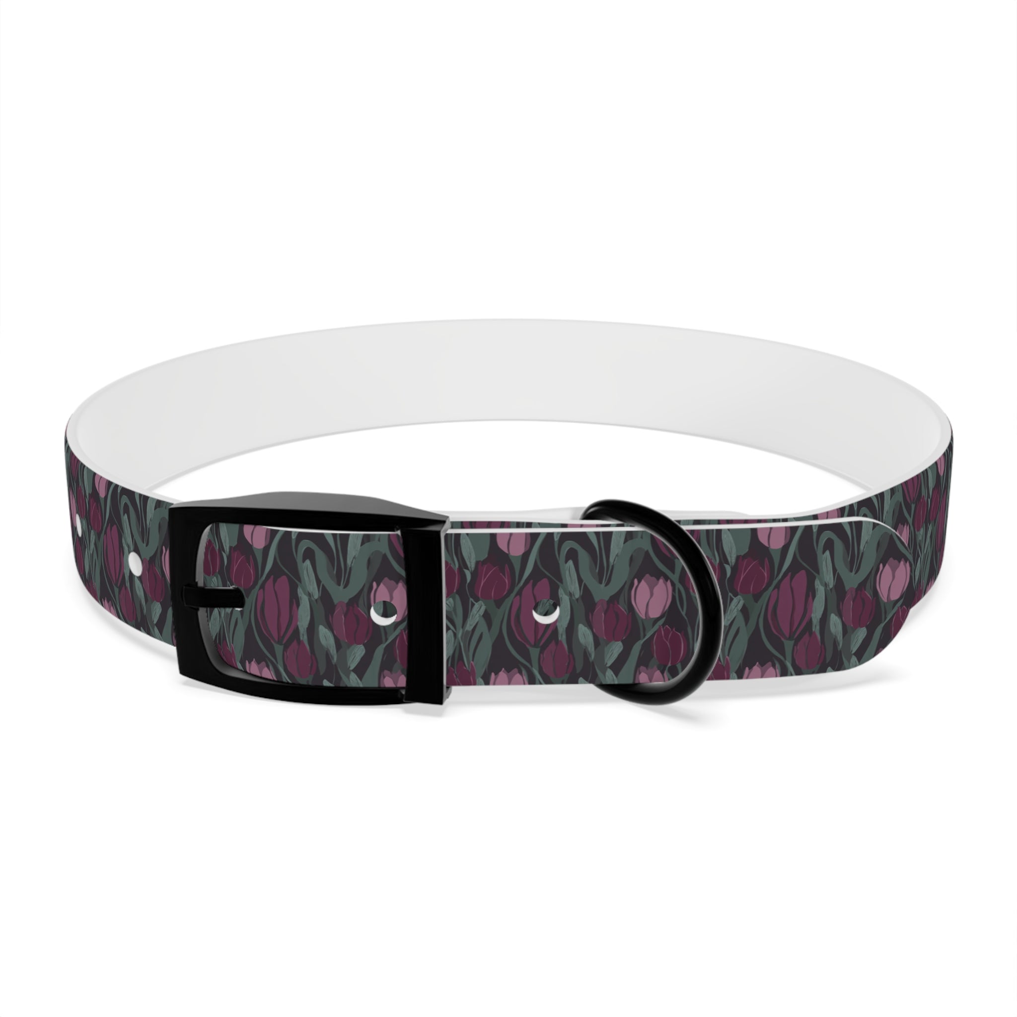Tulip Pattern Dog Collar — Floral Purple & Green Adjustable Pet Collar
