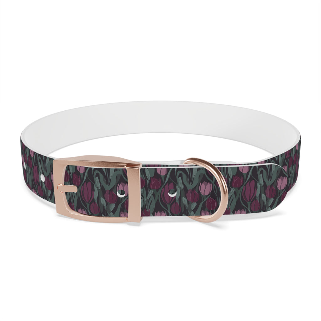 Tulip Pattern Dog Collar — Floral Purple & Green Adjustable Pet Collar