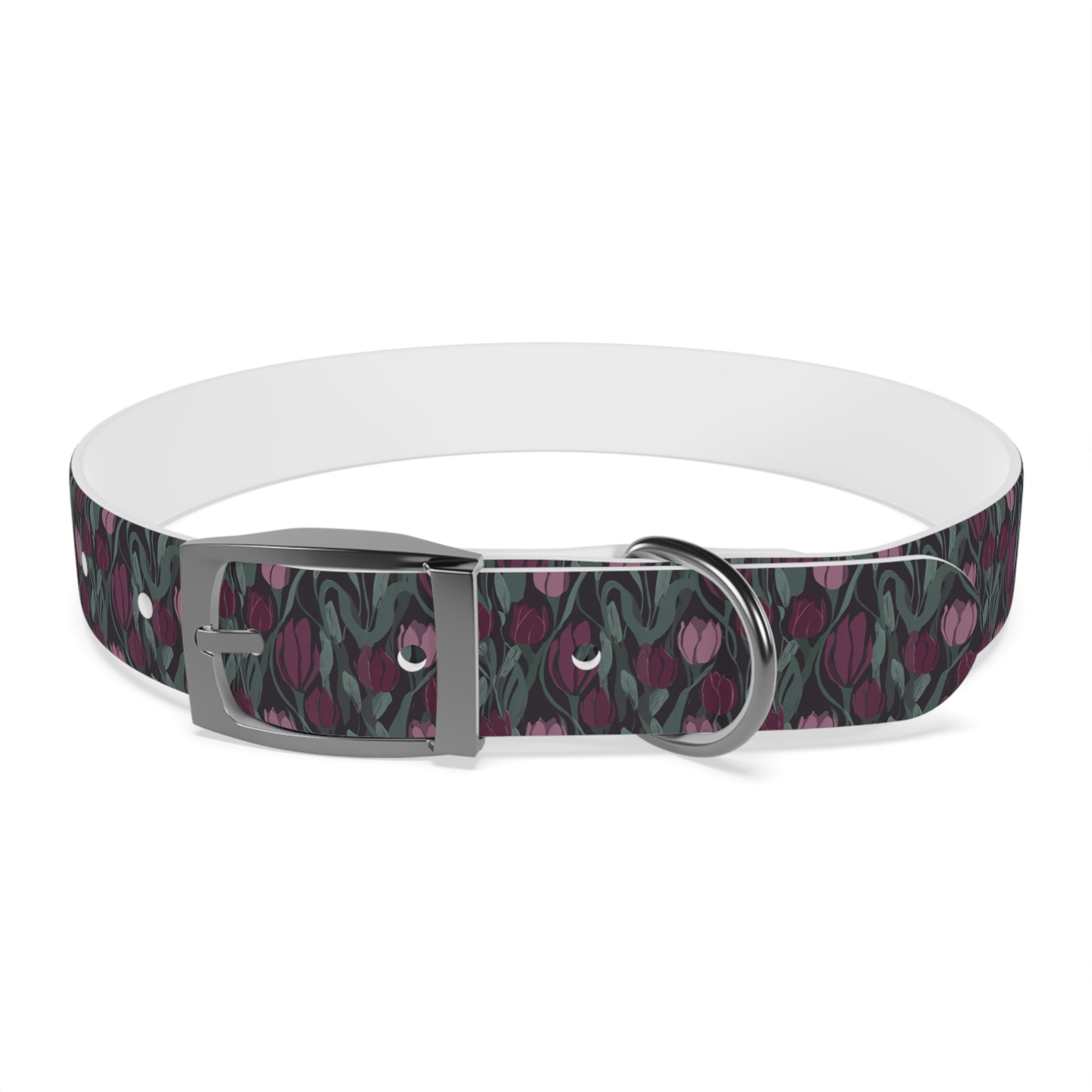 Tulip Pattern Dog Collar — Floral Purple & Green Adjustable Pet Collar