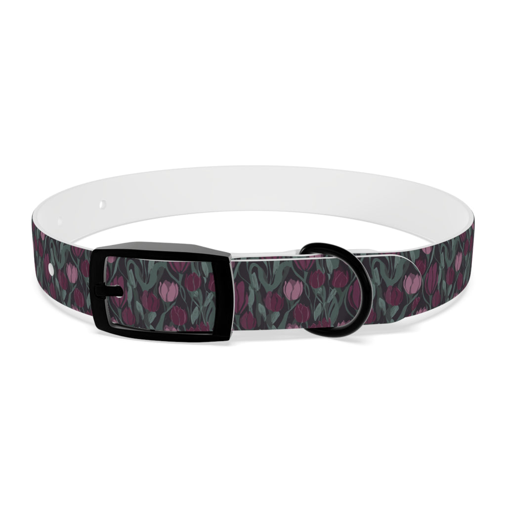 Tulip Pattern Dog Collar — Floral Purple & Green Adjustable Pet Collar