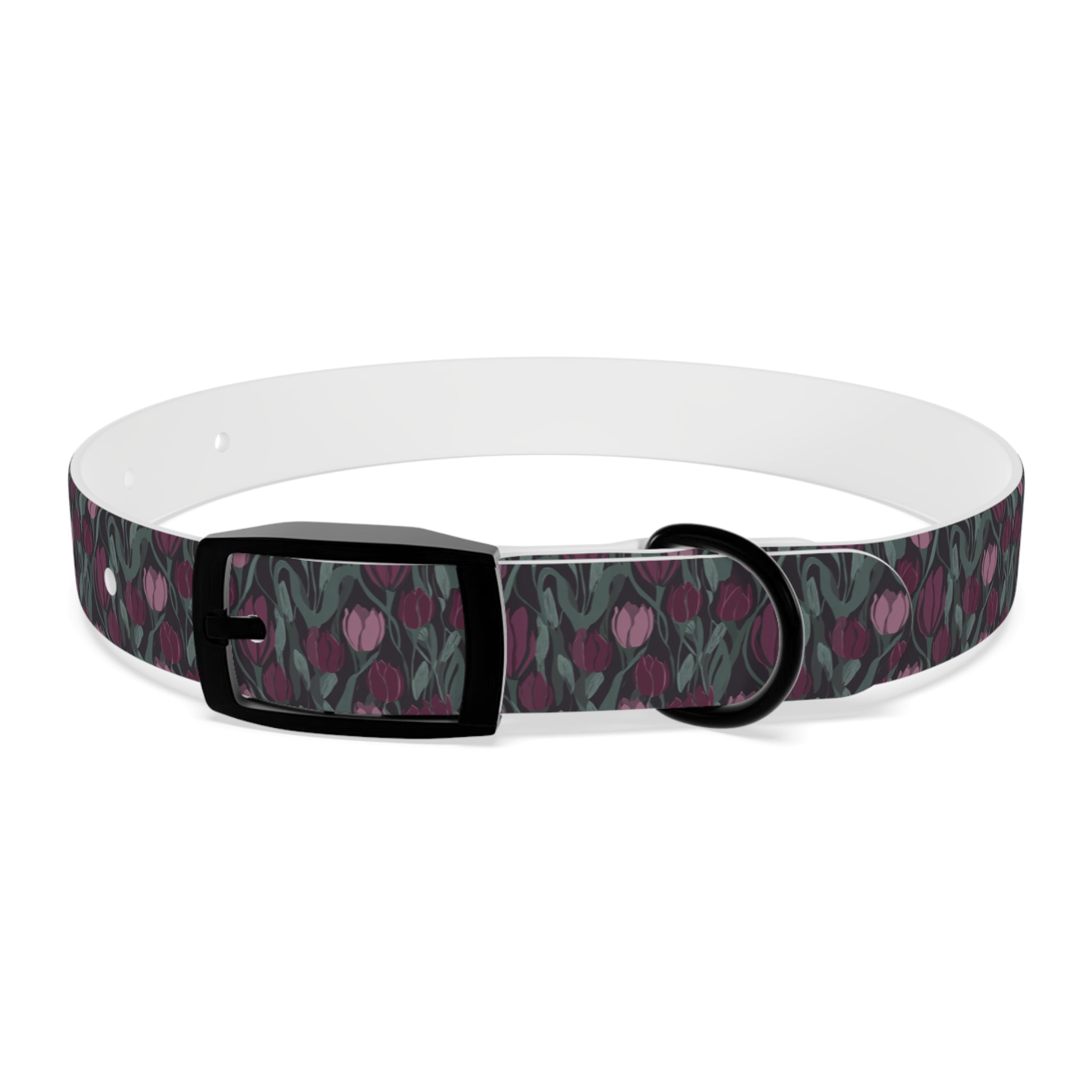 Tulip Pattern Dog Collar — Floral Purple & Green Adjustable Pet Collar