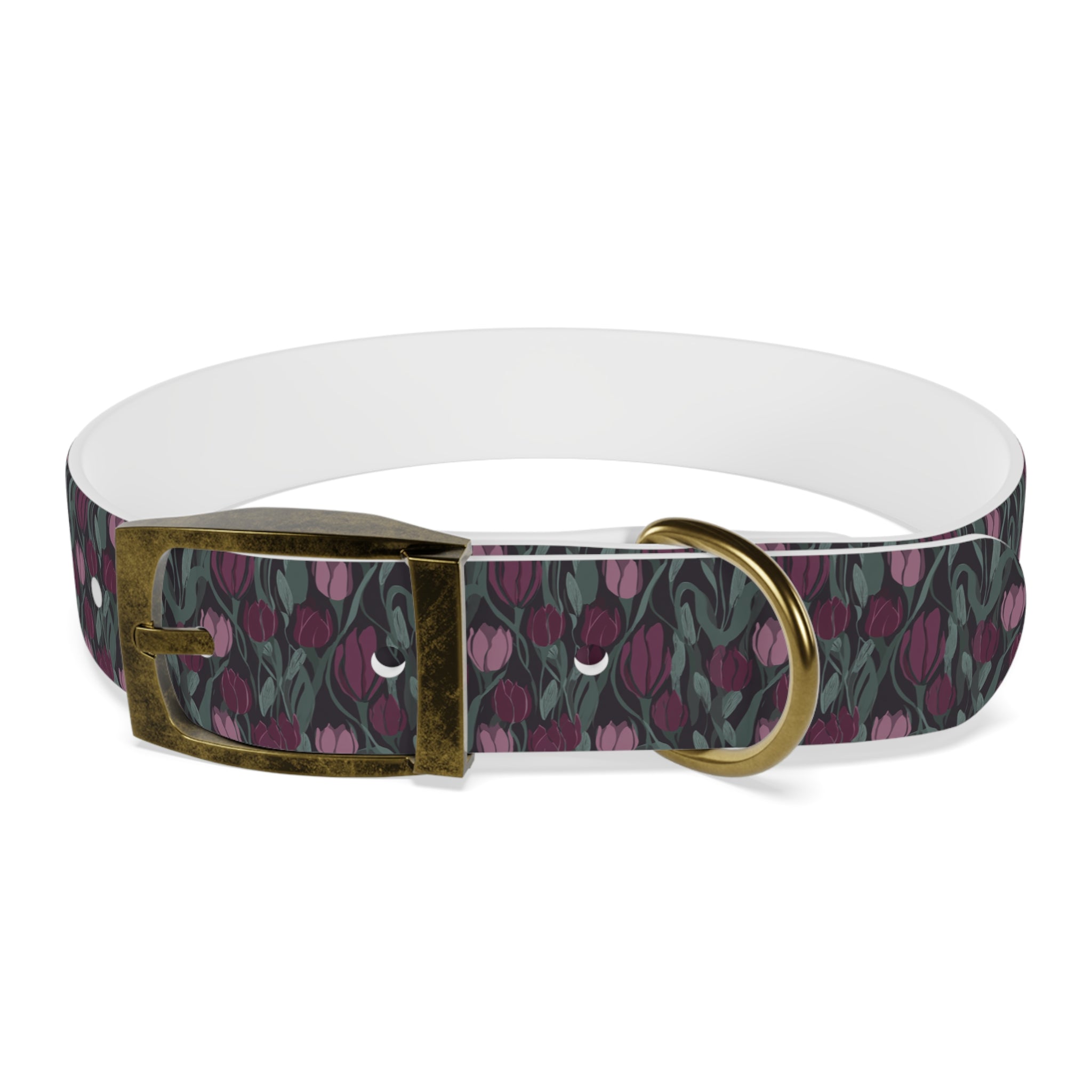 Tulip Pattern Dog Collar — Floral Purple & Green Adjustable Pet Collar