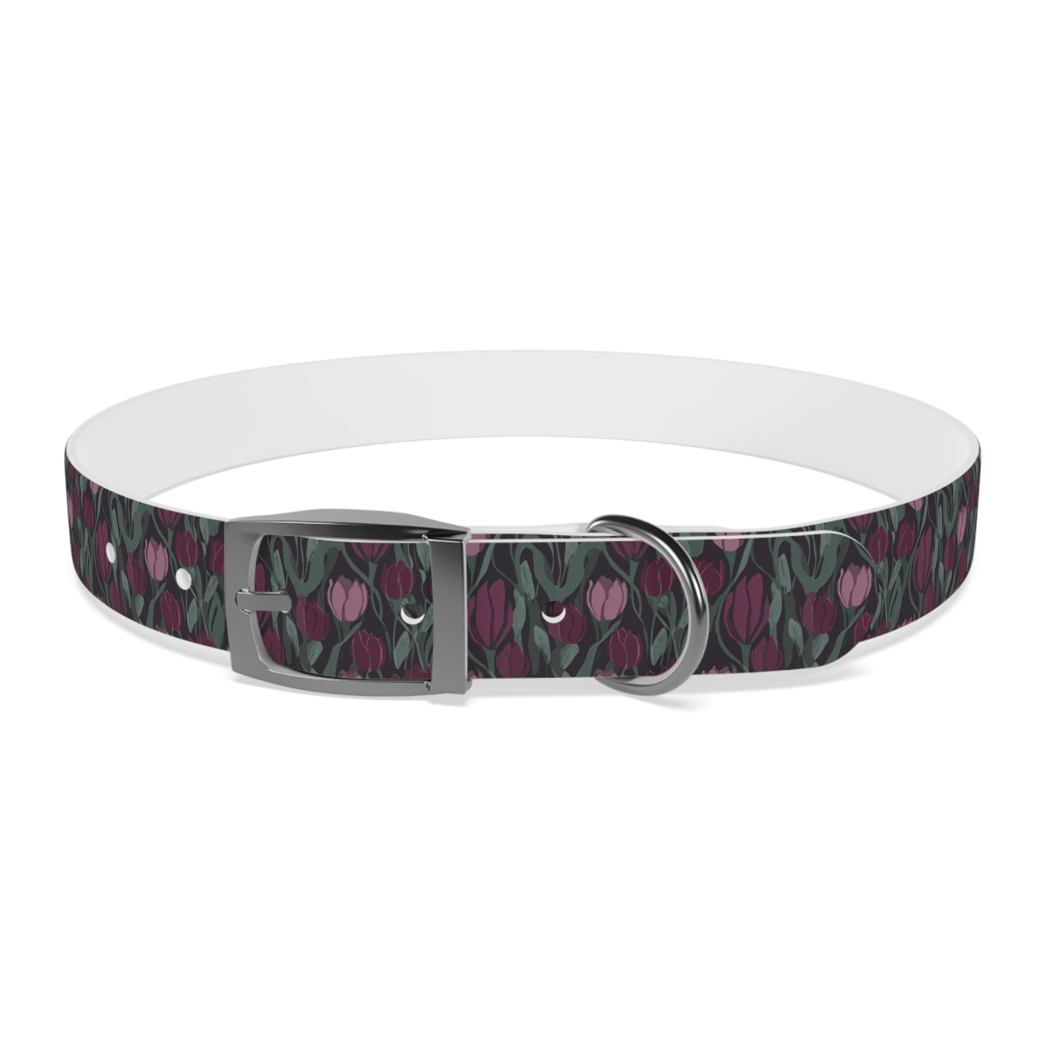 Tulip Pattern Dog Collar — Floral Purple & Green Adjustable Pet Collar