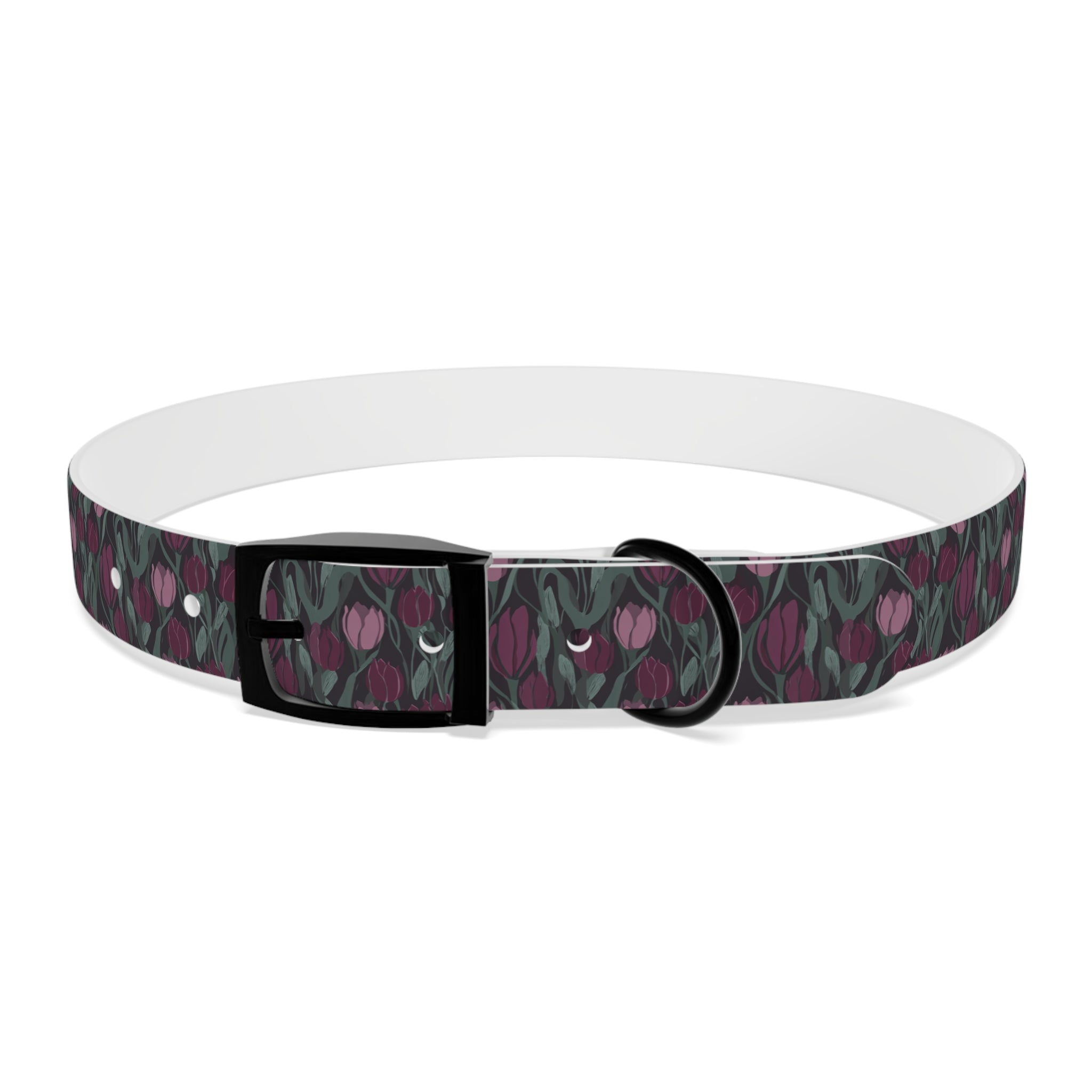 Tulip Pattern Dog Collar — Floral Purple & Green Adjustable Pet Collar