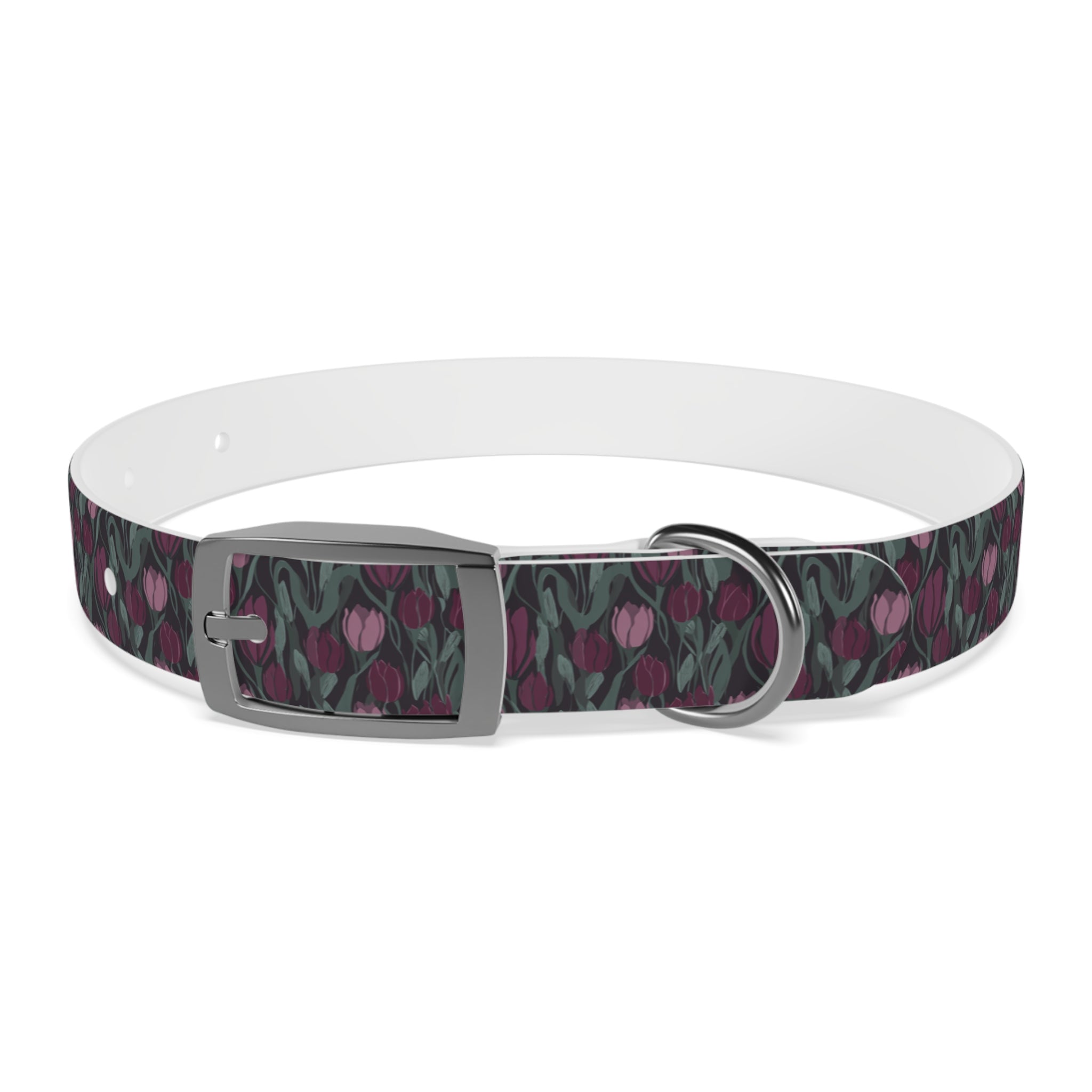 Tulip Pattern Dog Collar — Floral Purple & Green Adjustable Pet Collar
