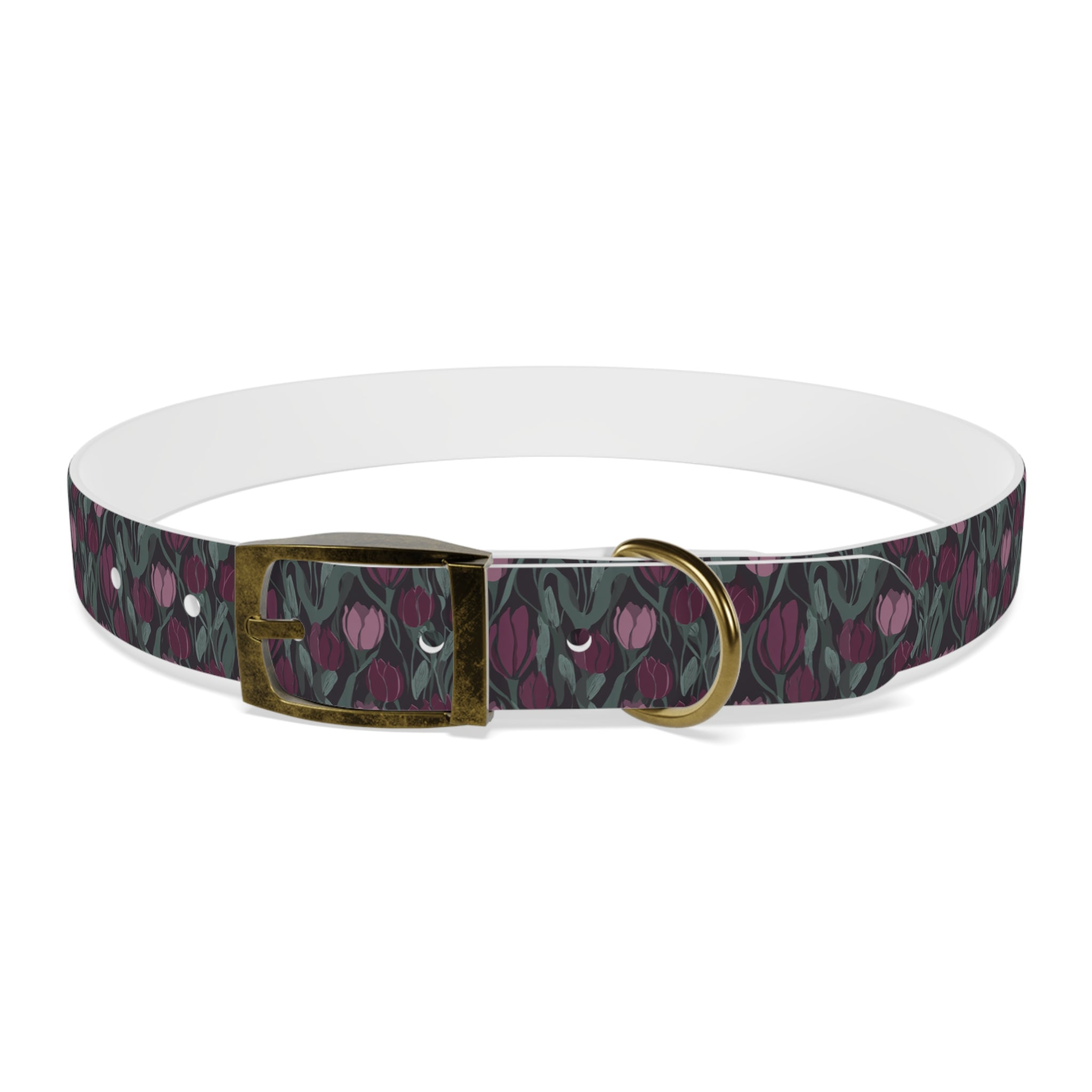 Tulip Pattern Dog Collar — Floral Purple & Green Adjustable Pet Collar