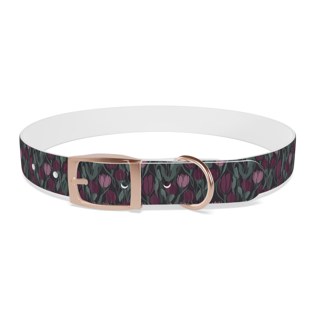 Tulip Pattern Dog Collar — Floral Purple & Green Adjustable Pet Collar
