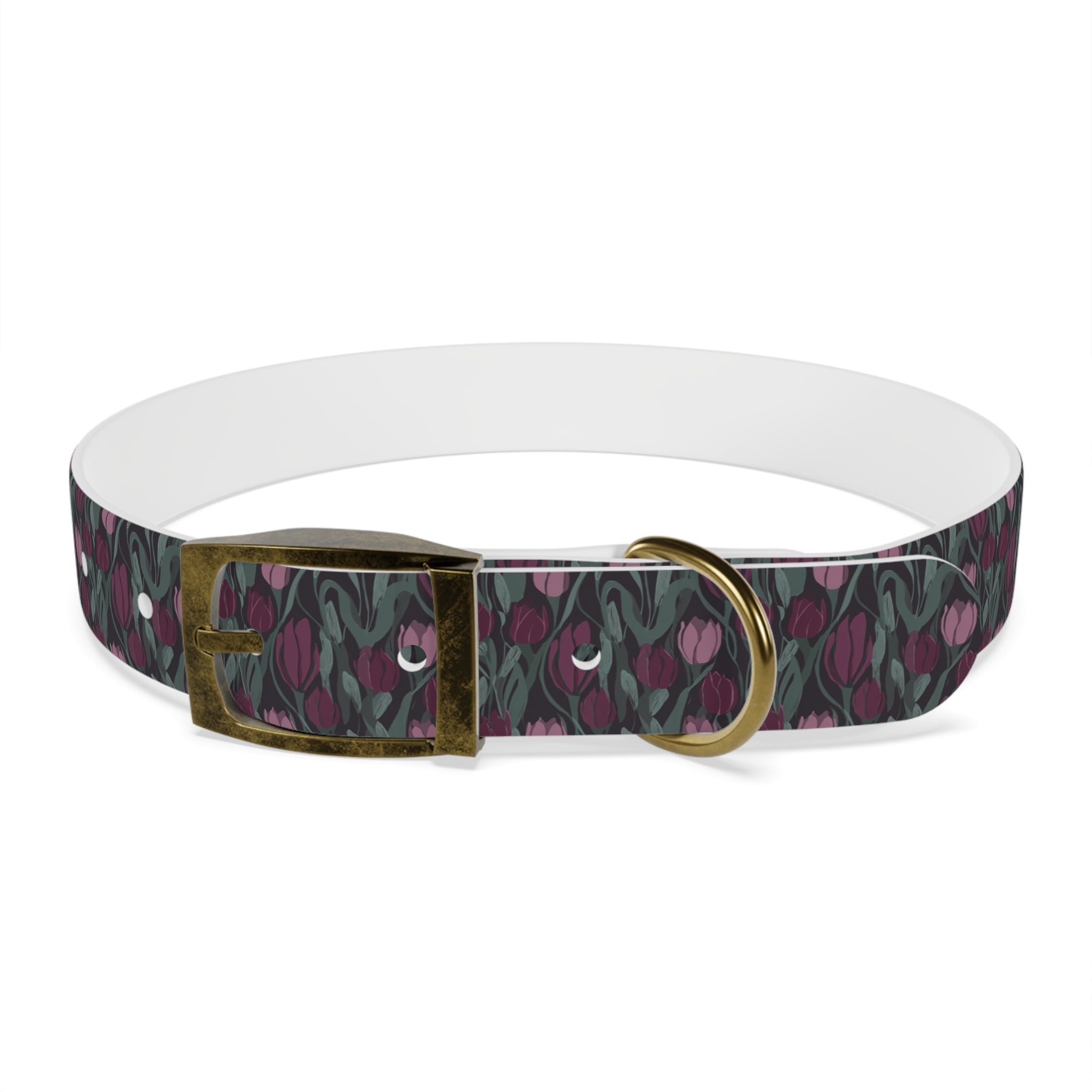 Tulip Pattern Dog Collar — Floral Purple & Green Adjustable Pet Collar