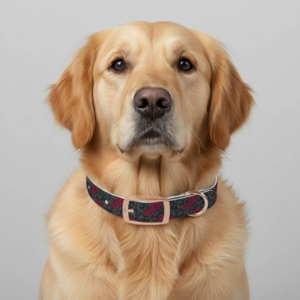 Navy Rose Dog Collar — Vintage Floral Adjustable Pet Collar